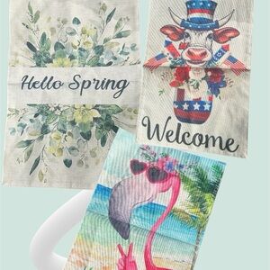 Set of 3 Garden Flags Summer, Spring, 4th of July 12” x 18” Canvas Burlap NEW